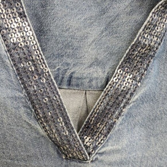Esmara by Heidi Klum Denim Roll Tab Sleeve Rhinestone Trim Pullover Top Sz 6 - Picture 6 of 7